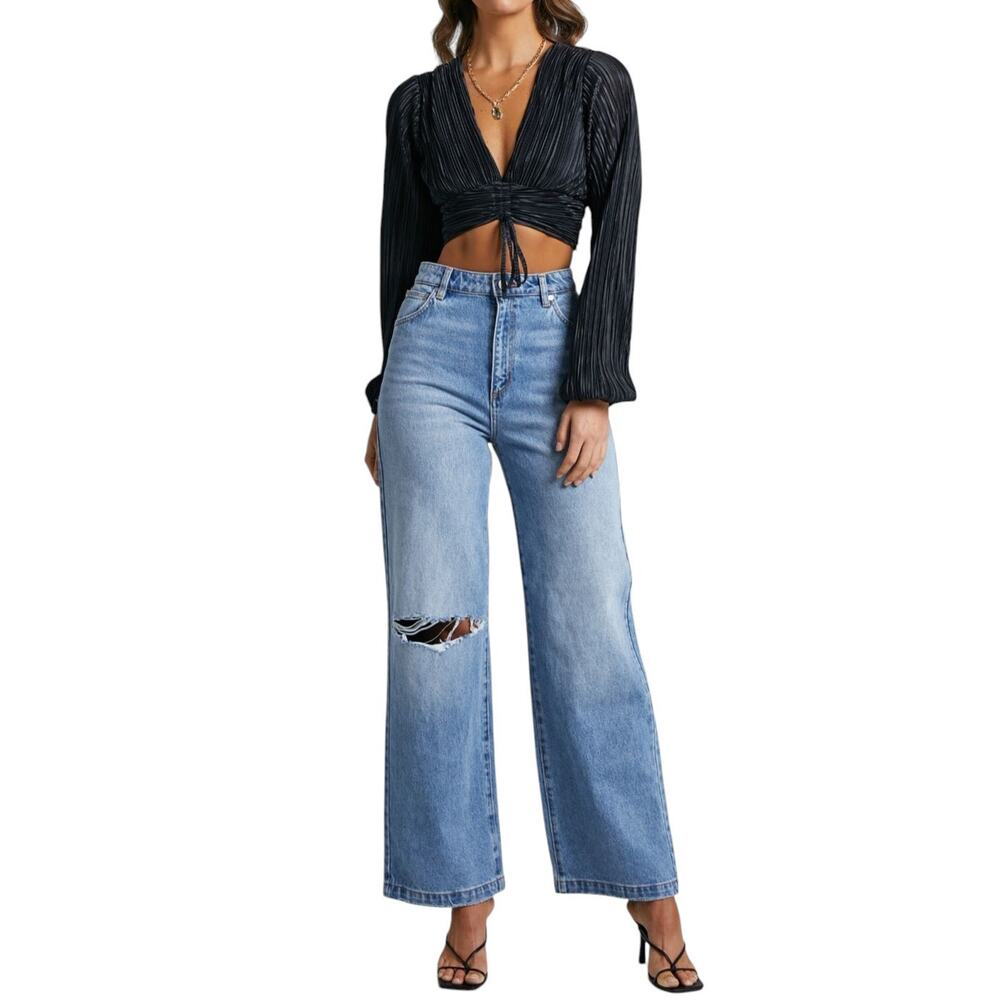 Abrand Jeans Womens 27‎ NEW High & Wide Alexis Rip Organic Cotton Vintage Blue